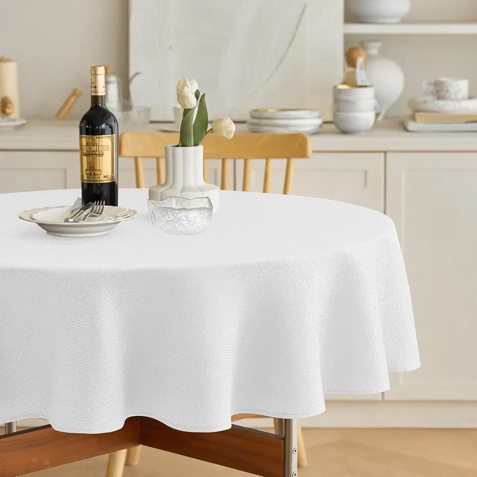 Decorelia Fabric Round Tablecloths 48 inch, Waterproof Decorative Washable Texture Rustic Circle Table Cloth Cover for Dining Kitchen Party Farmhouse Outdoor(Round (2-4 Seats), White)