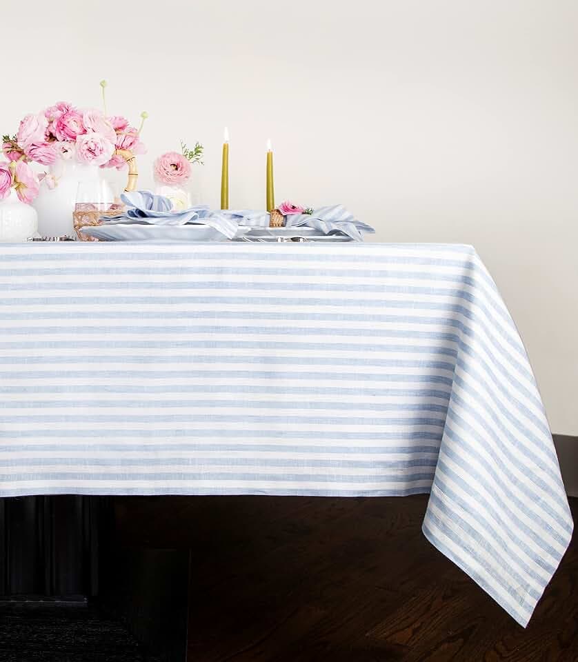 Solino Home 100% Linen Tablecloth, 60 x 90 in, Sky Blue and White Striped
