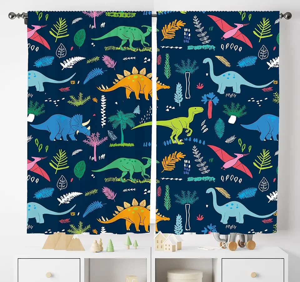 Toddler Dinosaur Curtains, Blue Cartoon Forest Plant Jurassic Cute Dinosaur Animal Windows Treatments, Thermal Insulated Drapes For Boys Kids Childcare Baby Bedroom Living Room 42x45in(No Blackout)
