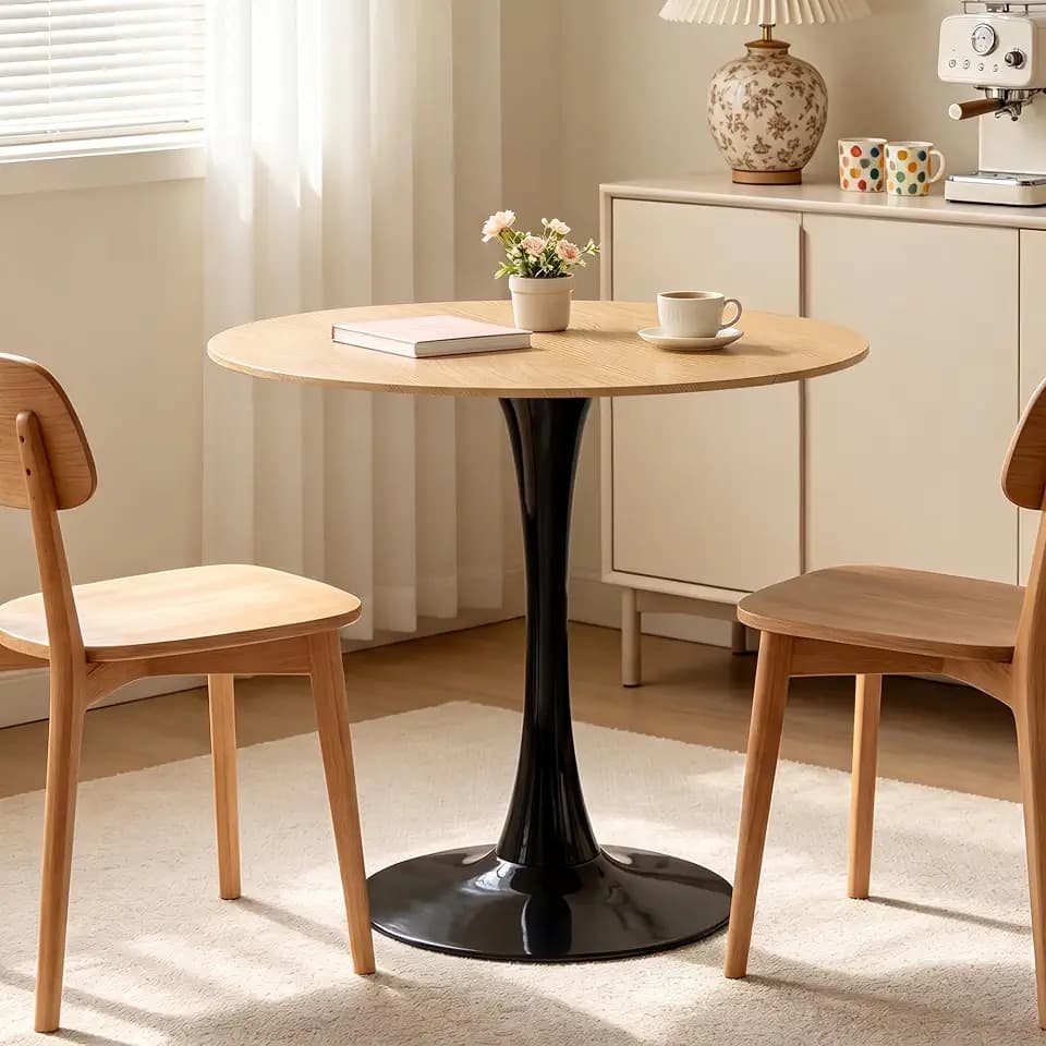 Round Dining Table, 24" Circle Pedestal Table with Thickened Top & Metal Base, Mid-Century Modern Coffee Table for Living Room, Kitchen, Small Spaces, Natural Wood