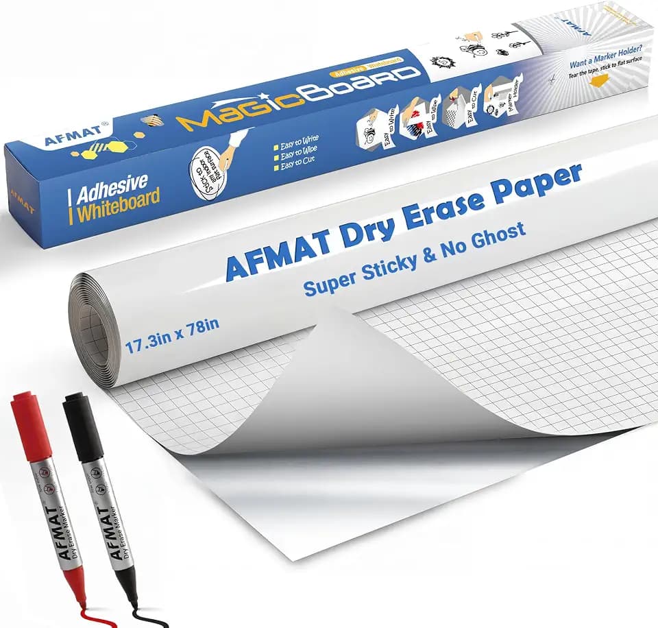AFMAT Whiteboard Sticker, 17.3" x 78" Dry Erase Contact Paper, Stain-Proof & Super Sticky, No Ghost After 60 Days, Peel and Stick White Board Wallpaper for Home/Office/Classroom, 1 Marker