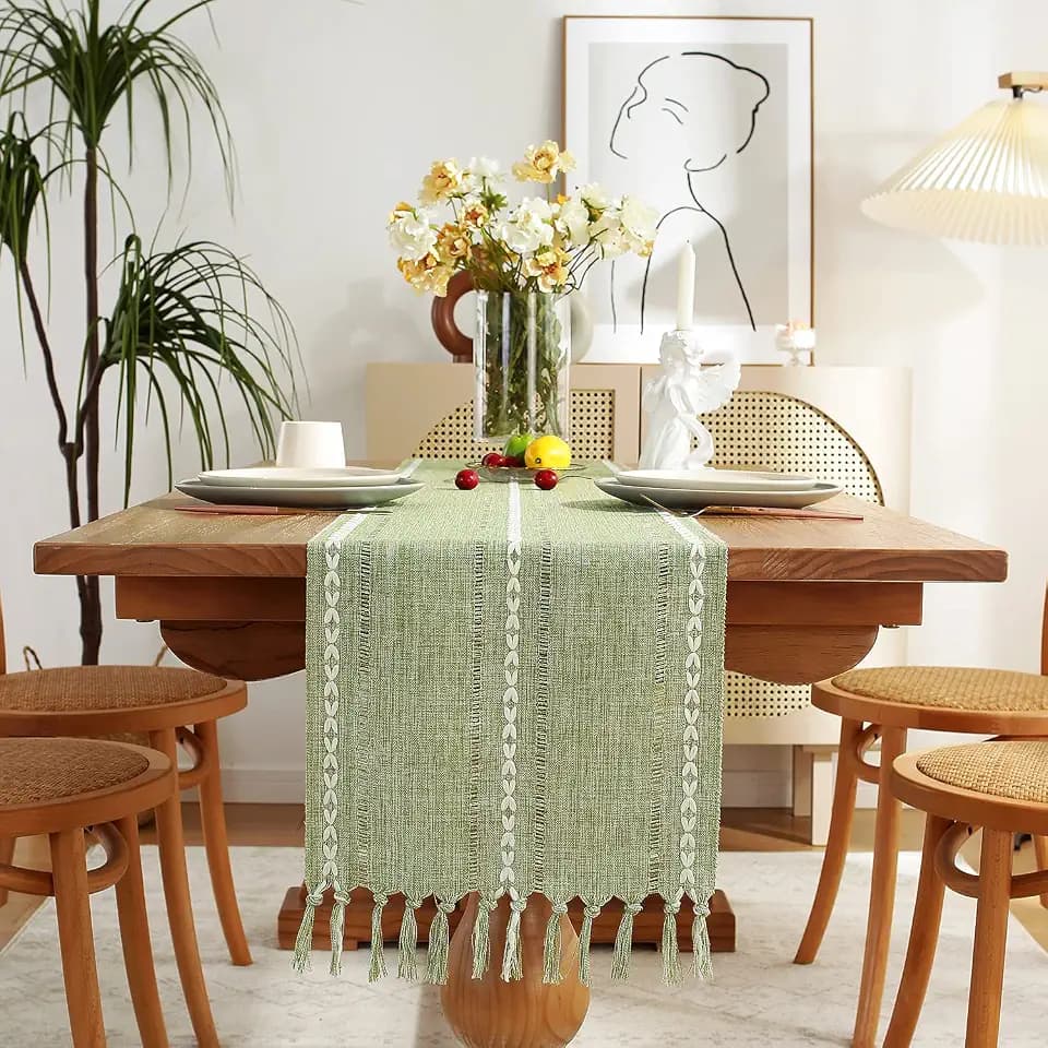 Chassic Rustic Farmhouse Style Linen Table Runner, Boho Handmade Tassel Embroidered Table Runners 108 Inches Long for Holiday Party, Christmas and Dining Decorations, 13 x 108 inch - Sage Green