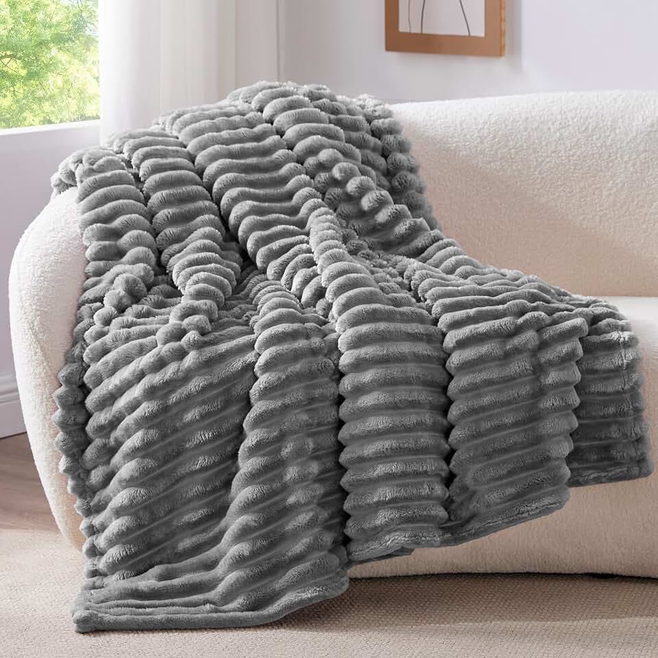 BEDELITE Ribbed Twin Blanket for Couch & Bed, Grey, 60"x80"
