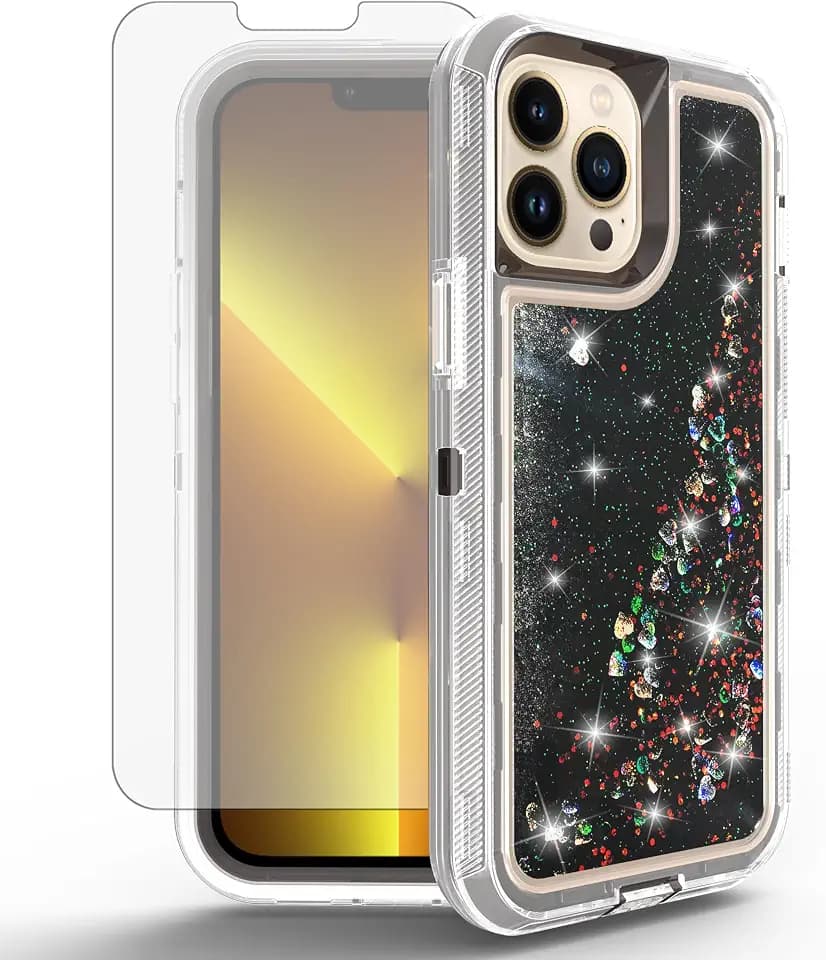 Asuwish Phone Case for iPhone 12 Pro iPhone12 6.1 with Screen Protector Bling Liquid Glitter Clear Hybrid Shockproof Military Grade Protective Heavy Duty Cell Cover iPhone12pro 5G i 12s 12pro Black