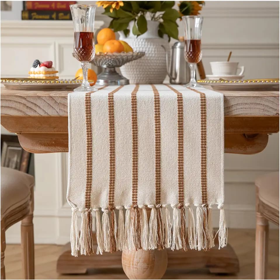 Caflife Boho Table Runner 72 Inchs Long Brown and Beige, Cotton and Linen Woven with Tassels, for Modern Rustic Farmhouse Neutral Table Runners, Bohemian Kitchen Dining Table Home Decor