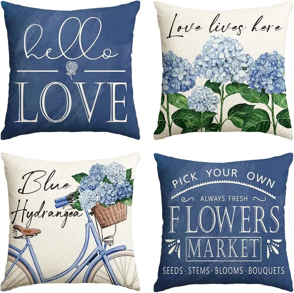 AVOIN colorlife Hello Love Blue Hydrangea Bicycle Throw Pillow Covers, 16 x 16 Inch Flowers Summer Spring Mother's Day Cushion Case for Sofa Couch Set of 4