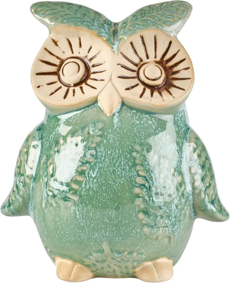 Elements Tawny Owl Stoneware Figurine - 7 Inch Green Decorative Bird Sculpture for Home Decor, Shelf, or Room Decor Display, 6x7 in