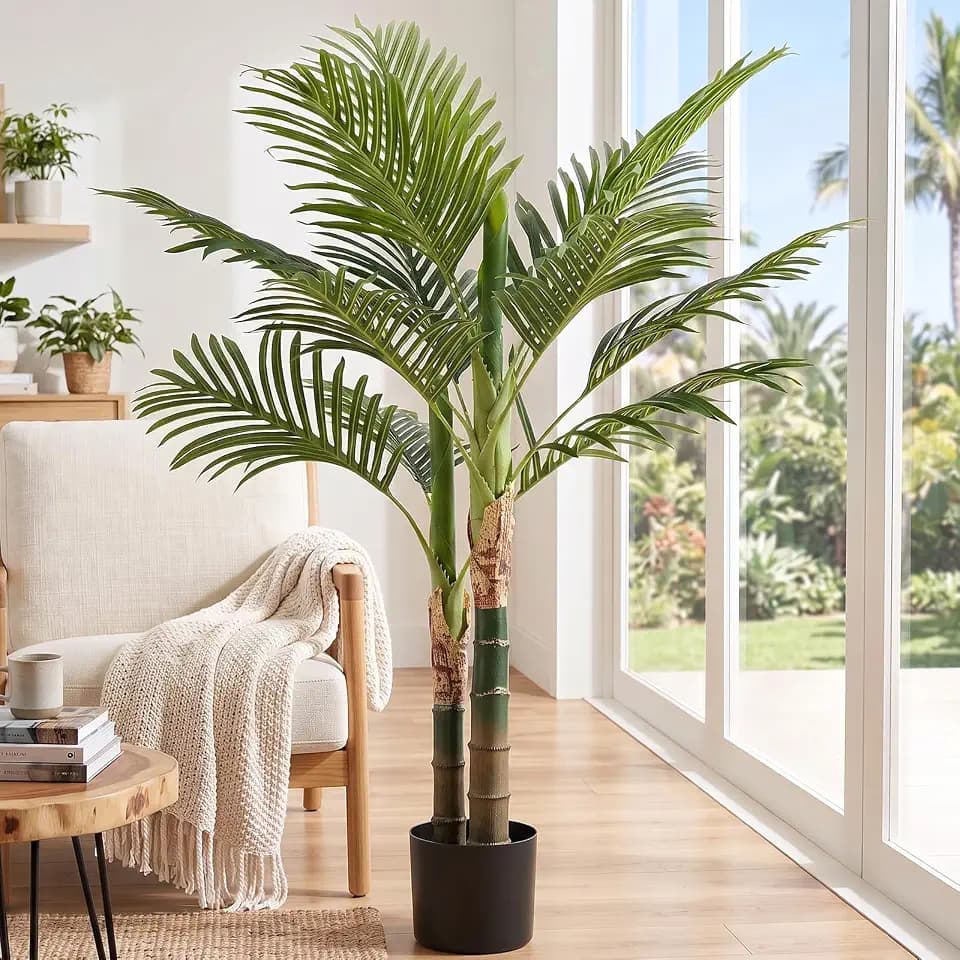 DUMOS 47in Artificial Palm Tree, Realistic Faux Indoor Floor Plant with Lifelike Leaves and Black Planter Pot, Maintenance Free Tropical Greenery Decor for Living Room, Bedroom, Office and Porch