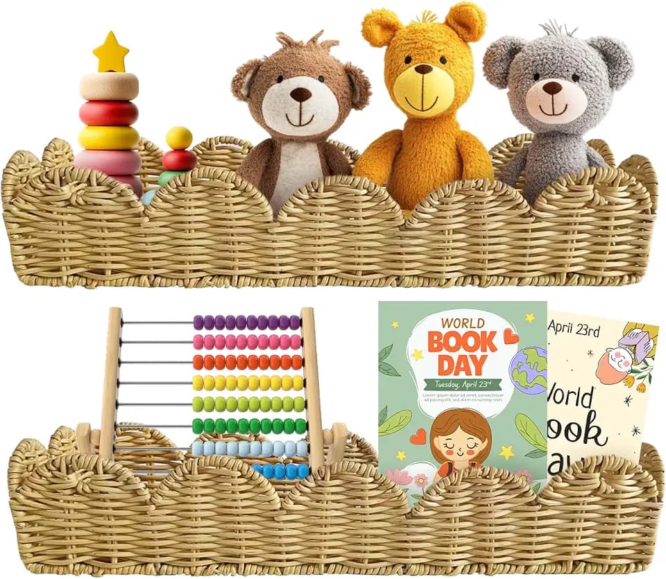 Rattan Scalloped Nursery Bookshelf Set of 2 for Books or Toys