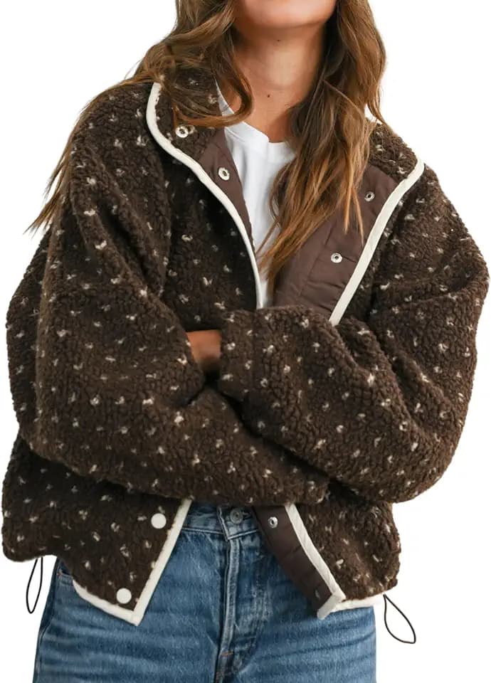 Women's Fleece Jacket Button Down Lapel Collar Sherpa Jackets Long Sleeve Contrast Quilted Outerwear