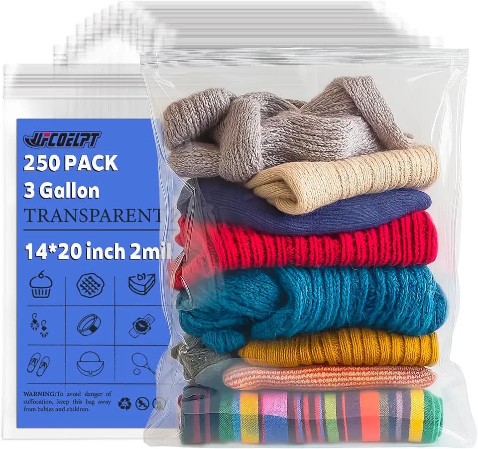 250 Count - 14"x20" 3 Gallon Zip Plastic Poly Bags for Clothing