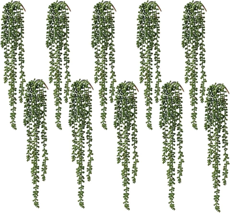 dallisten 10 Pcs Artificial Succulents Hanging Plants, Fake String of Pearls Greenery Plants, Decoration for Wall Home Backdrop Garden Windows Balcony Indoor and Outdoor (10PCS Green)