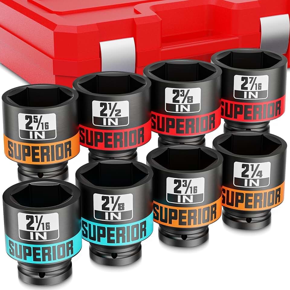 8 Piece 3/4”Drive Shallow Impact Socket Set, 2-1/16”-2-1/2”Axle Nut Sockets, SAE, CR-MO, 6 Point, Tools for Removing Mechanical Nuts, Large Automotive Repairs, Agricultural implement