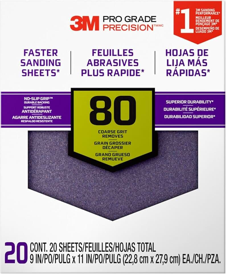 3M Pro Grade Precision Faster Sanding Sheets, 80 Grit, 11 x 9 in (20 Pack)
