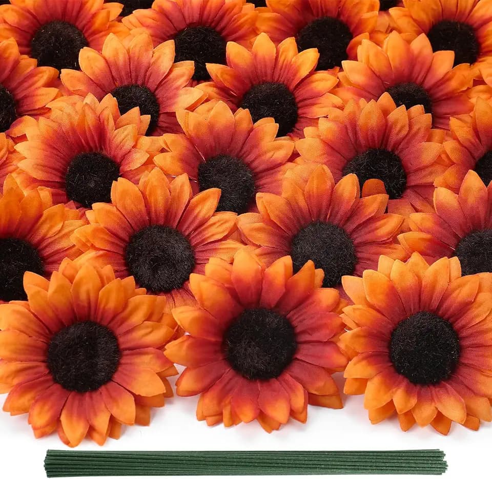Coferset 40pcs Fake Sunflower Heads with Stems, Burnt Orange