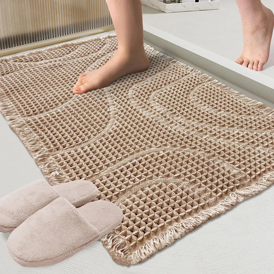 ZALL Waffle Bath Mat Wavy Boho Non Slip Ultra Soft Bathroom Mat 18"x30" Tan