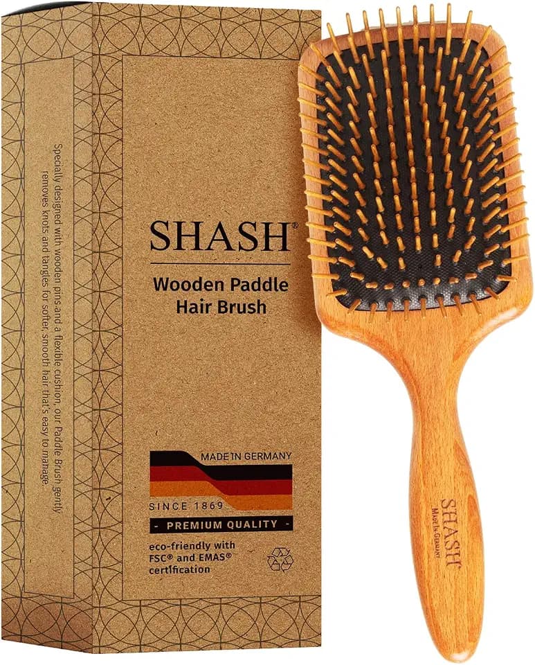 SHASH Since 1869 Made in Germany Wooden Paddle Brush - Gently Detangles, Styles, Conditions Hair with Minimal Frizz and Breakage - Safe for All Hair Types, Wet or Dry - Eco-Sourced Wood