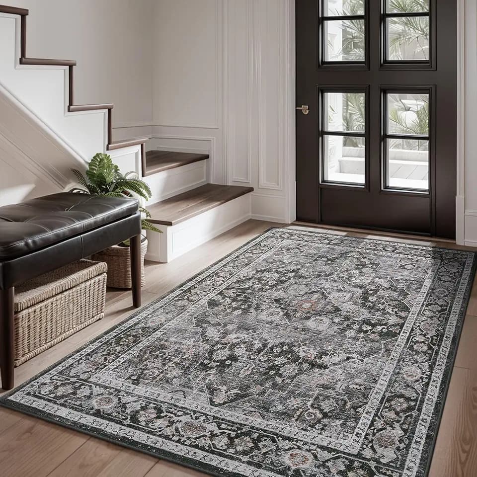 AMOAMI-3X5 Area Rug-Soft Washable Rugs for Living Room Bedroom -Non Slip Entryway Rug-Indoor Vintage Throw Rug Accent Rug for Living Room Laundry Room Kitchen Bathroom Bedside Dark Grey & Black