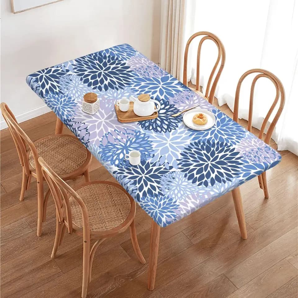 Fiokroo Blue Grey and Navy Chrysanthemum Flowers Tablecloth with Elastic Edge for 4ft Rectangle Table, Table Cover for Kitchen Dining Party Outdoor Picnic Decoration, 48" L X 30" W
