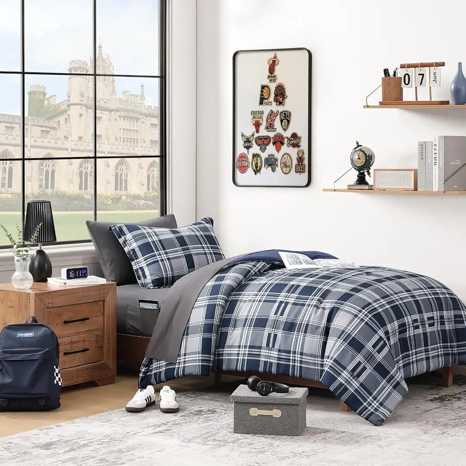 MaiRêve Plaid Twin XL Comforter Set Navy Blue 5 Pieces Dorm Bed in a Bag