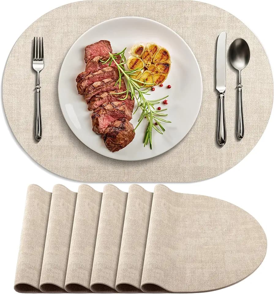 Faux Leather Oval Placemats Set of 6, Beige