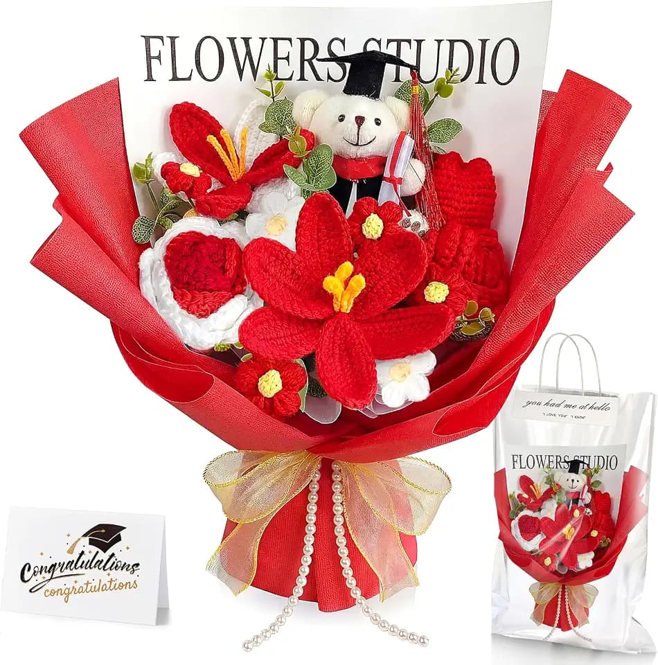 Giegxin Large Graduation Bear Flower Bouquet Set 2026 Crochet Graduation Bouquet Gift Hand Knitted Tulip Daisy Sunflower Rose Bouquets Greeting Card Gift Bag for Wedding Birthday Party Favors(Red)