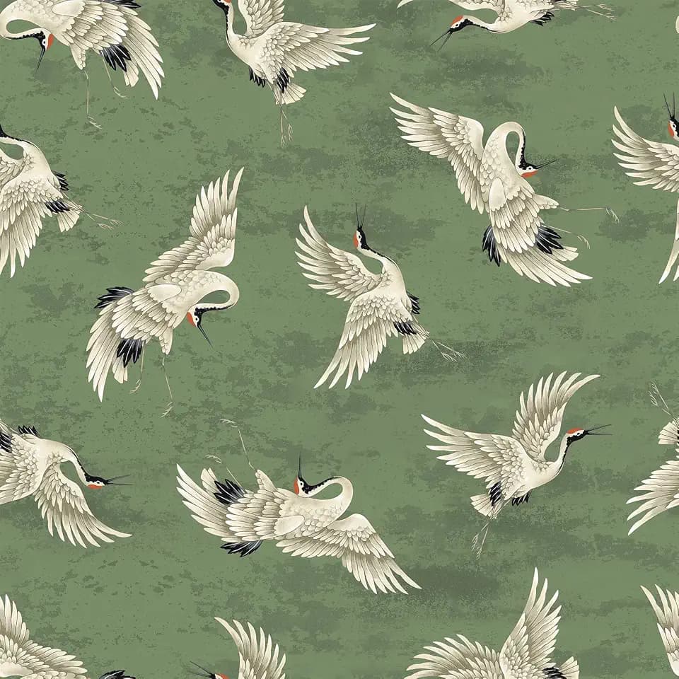 VEELIKE Sage Green Japanese Crane Wallpaper Peel and Stick Chinoiserie Wallpaper for Bedroom 17.7''x354'' Removable Crane Bird Wall Paper Self Adhesive Contact Paper for Walls Bathroom Living Room