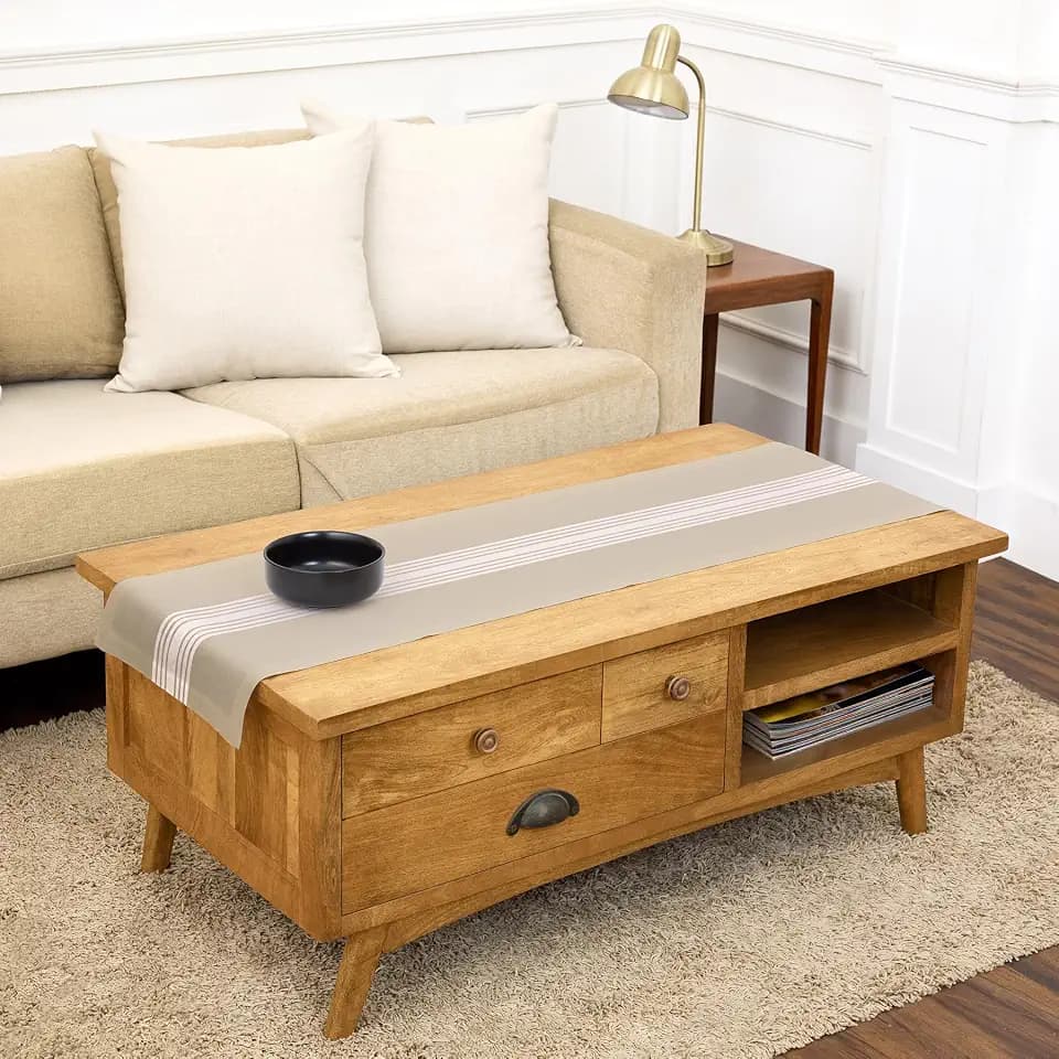 Solino Home 100% Linen Table Runner, 14 x 60 in, White and Natural Striped