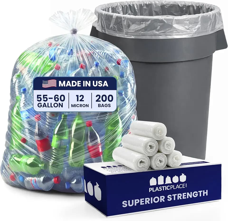 Plasticplace W55HDC1 55-60 gallon Trash Bags │ 12 Microns │ Clear High Density Garbage Can Liners │ 36” x 60” (200Count)