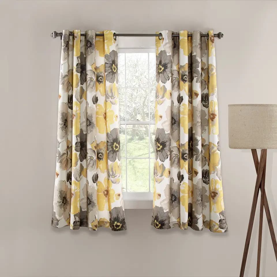Lush Decor Leah Light Filtering Window Curtain Panels, Pair, 52" W x 45" L, Yellow & Gray - Floral Drapes for Bedroom - Yellow Curtains -Farmhouse Decor