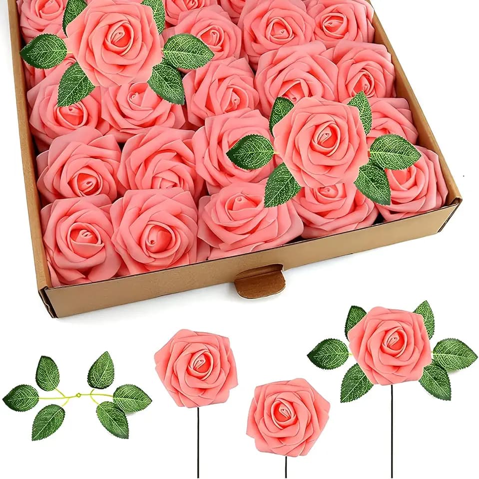 Artificial Blush Foam Roses with Stems & Leaves - Pack of 50, Perfect for Wedding Centerpieces, Event Decor, DIY Bouquets, and More