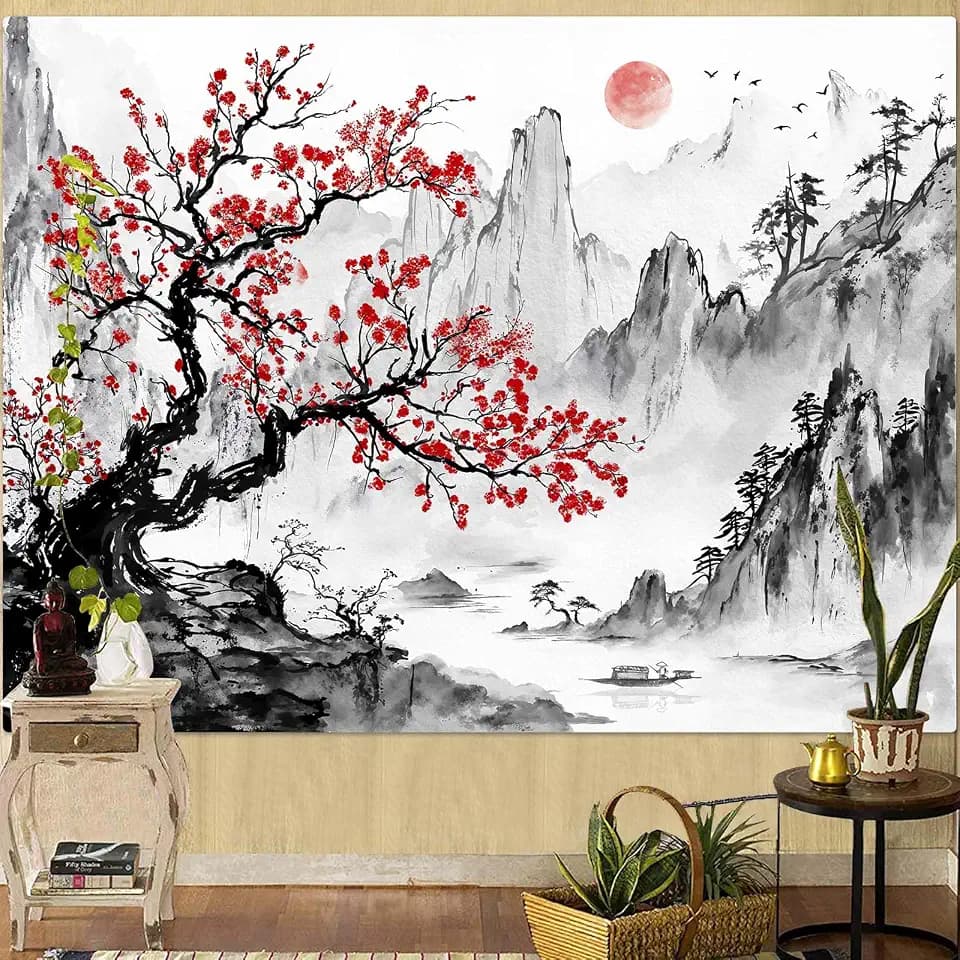 Wegklazax Japanese Tapestry Sun Landscape Mountain Nature Tapestry for Bedroom Anime Tapestries Wall Hanging for Bedroom Living Room Japanese-B 70"x90"