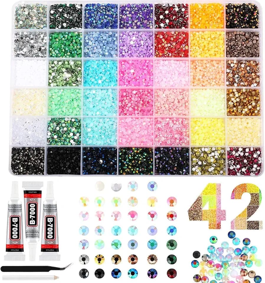 Bedazzling Kit, 42,000Pcs 42 Colors Flatback Resin Rhinestones, Book Bedazzling Kit with B7000 Glue×3, Wax Pen & Tweezers for Tumbler Shoes Nail Art Journals Crafts