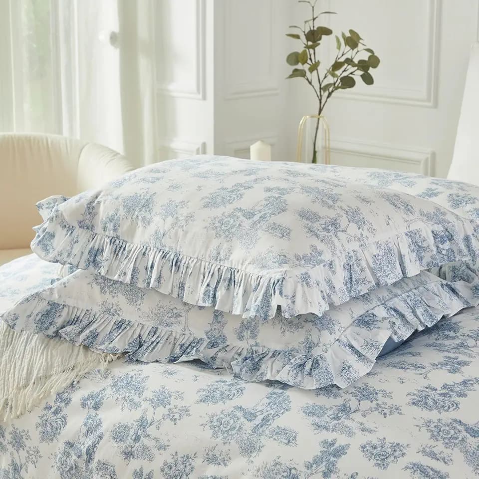 Brandream 100% Cotton French Country Toile Ruffle Pillow Shams King Size Set of 2 Soft Breathable Skin-Friendly Pillowcases, No Filling, Envelope Closure Ruffled Pillow Case Covers for Bed