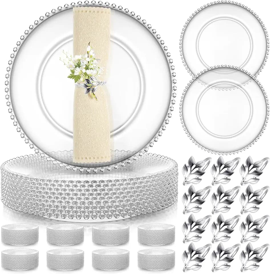 Bokon 50 Set Acrylic Charger Plates 13" Beaded, Clear and Silver