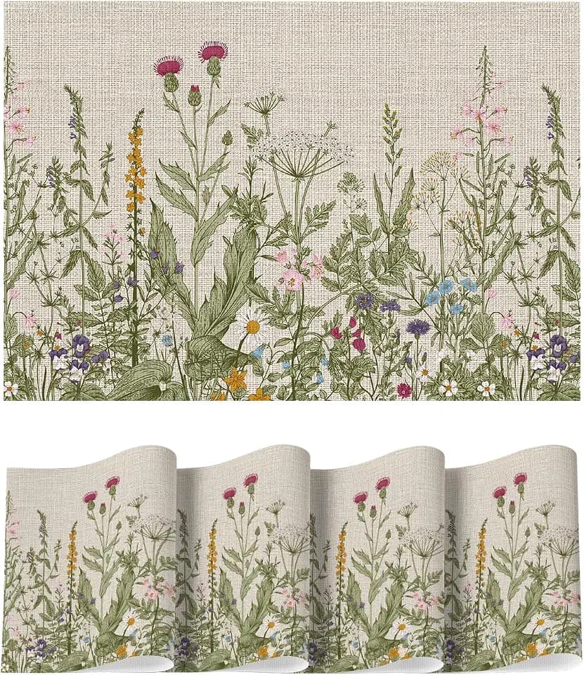 Artoid Mode Wildflower Vinyl Placemats Set of 4, Washable Non-Slip Plastic PVC Table Mats for Spring Party Kitchen Dining Decor, 12x18 Inch