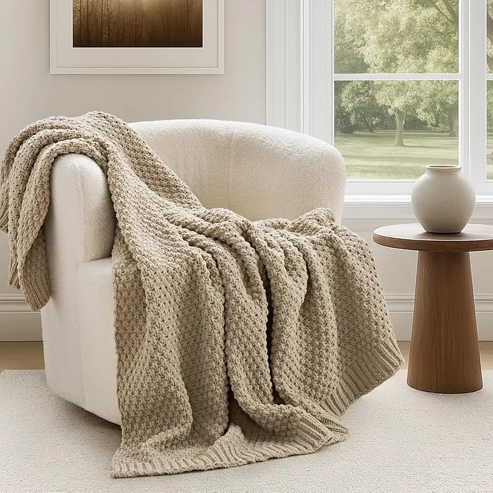 EVERGRACEHOME Chunky Chenille Knit Throw Blanket, 50 x 60, Sand Dune