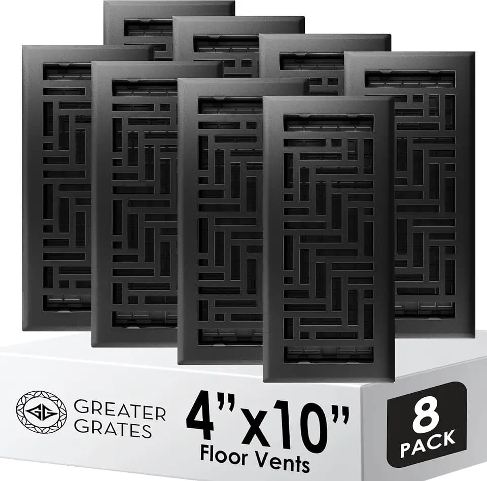Floor Vent Covers – 4x10 Floor Register – Heavy-Duty Steel, Rustproof & Walkable Grates, Drop-in Install, Adjustable Airflow – Decorative (Herringbone Textured Black, 8 Pack)