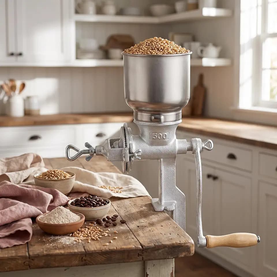 Manual Grain Mill, 7.5lb Cast Iron Flour Mill Grinder (Silver)
