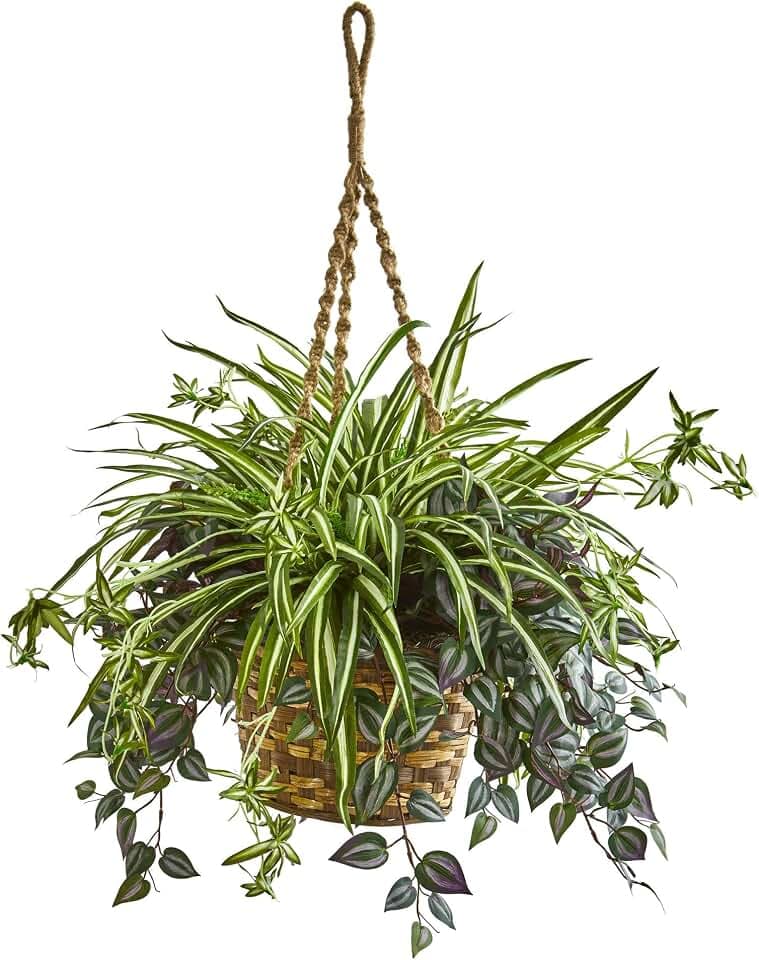 Nearly Natural 30in. Wandering Jew & Spider Artificial Plant in Hanging Basket
