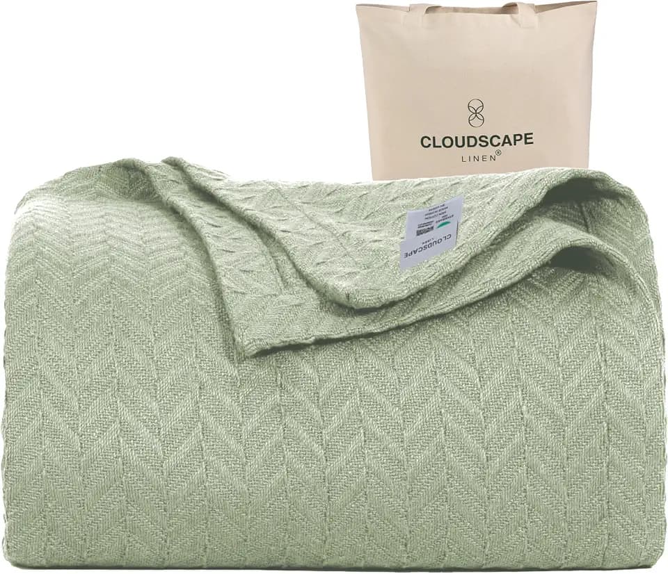 CSL Twin Size Blanket for Bed,Cotton Herringbone,Breathable,68"x92",Seafoam