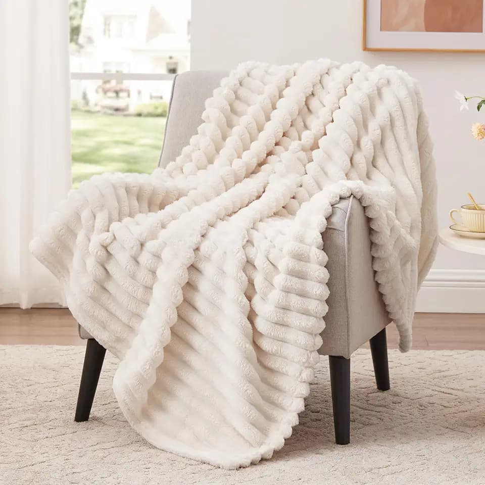 EXQ Home Stripe Twin Size Throw Blanket Beige for Couch Gentle Soft