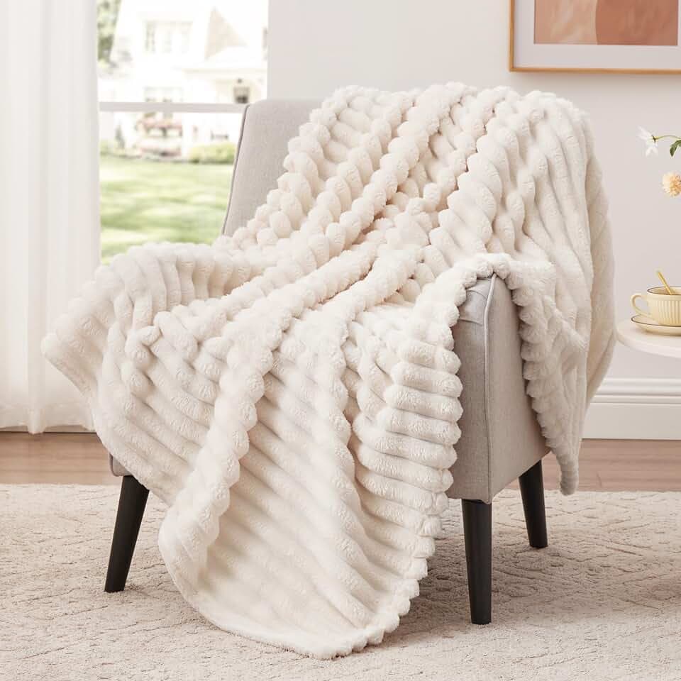 EXQ Home Stripe Jacquard Throw Blanket Beige for Couch Gentle Soft Fleece