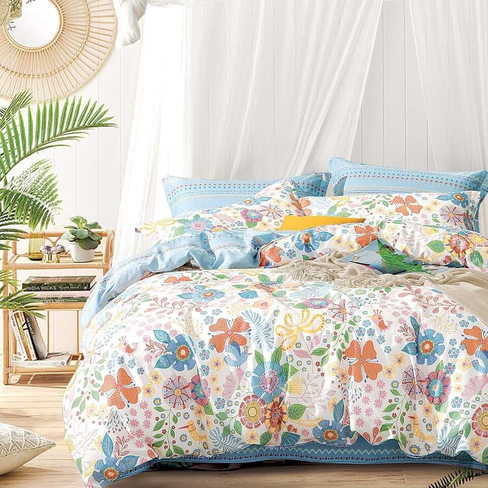 ALEISSEL Blue Floral Cotton Comforter Queen Size - Vibrant Artistic Blooms & Boho Geometric Patterns, White & Soft Blue, 3PC Lightweight Bedding Sets with Down Alternative Fill(90"×90")