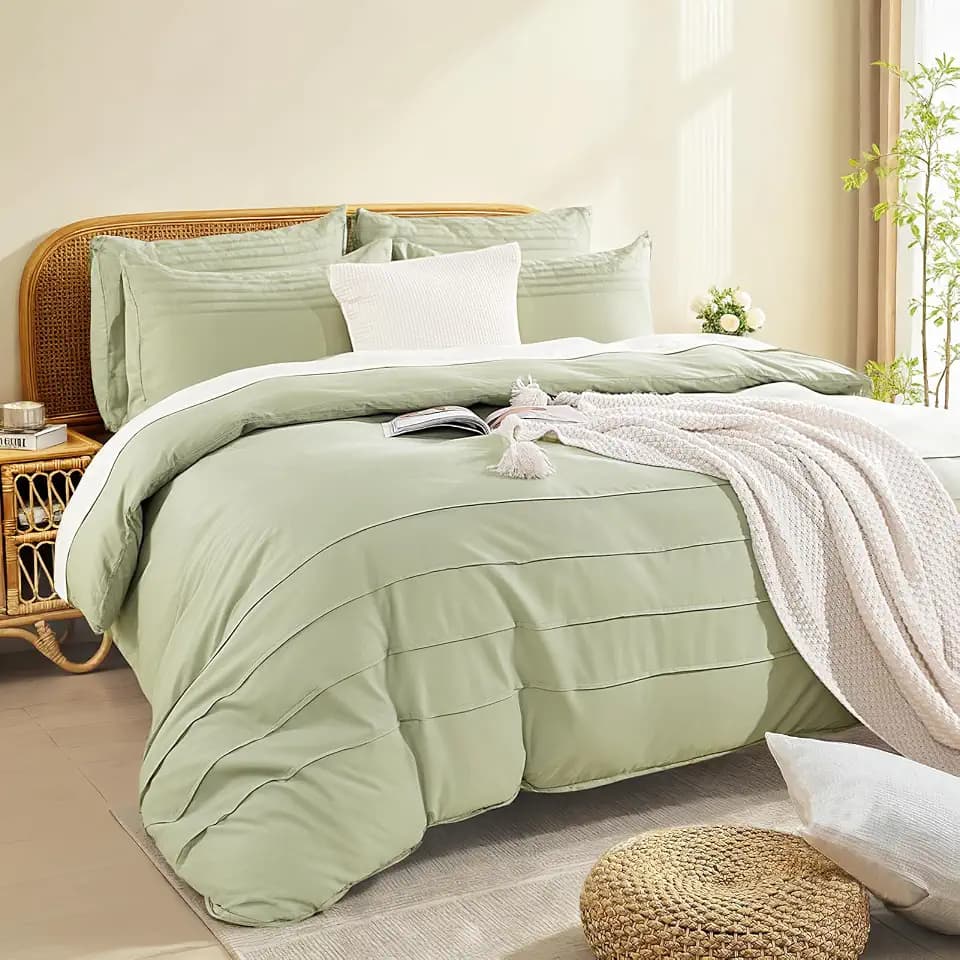 NEXHOME PRO Organic Cotton Duvet Cover Queen,Pleated,Sage Green