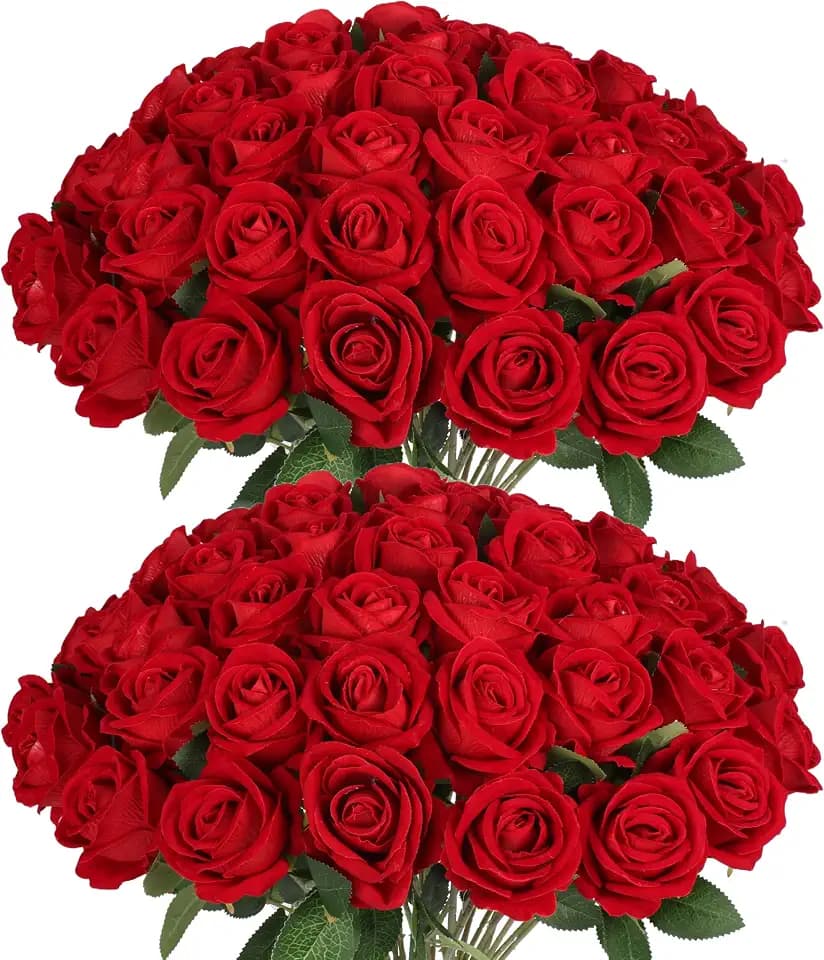 50PCS Artificial Red Roses Bulk Realistic Silk Fake Flowers with Long Stems