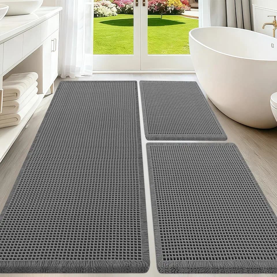 Upgraded Waffle Bath Mat Set 3 Piece Grey, Super Absorbent Non-Slip Quick Dry Bathroom Rugs with Tassels, Machine Washable Ultra Soft Boho Bath Rugs for Floor, Toilet Mats Boho Farmhouse Decor