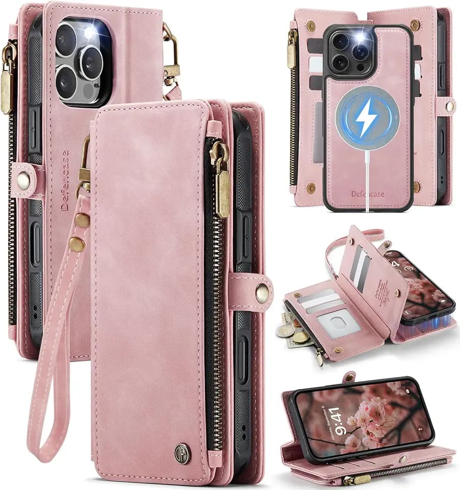 Defencase for iPhone 16 Pro Max Case Wallet Compatible with Magsafe, Pink