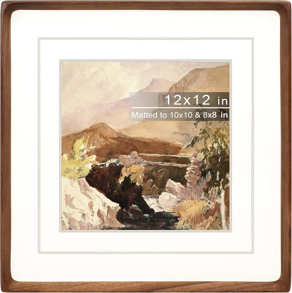 Square 12x12 Picture Frame with Mat for 8x8/10x10, Natural Walnut Wood Handcrafted Rounded Corner with Real Glass, Vertical or Horizontal Display Photo Gallery Wall Mounting Frame