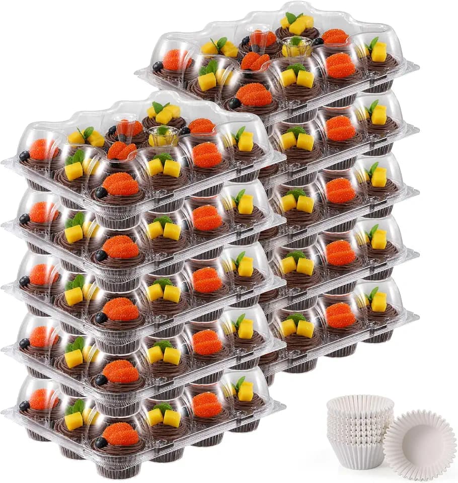 Mini Cupcake Containers with Detachable Tall Dome Lids, 12 Count, 20 Pack, Plastic Stackable Cupcake Boxes for 240 Cupcakes, BPA Free